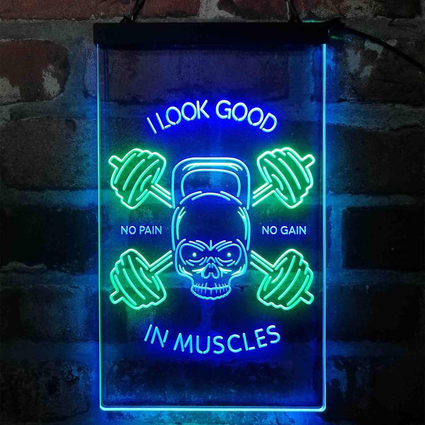 ADVPRO No Pain No Gain I Look Good in Muscles Weight Train Gym Fitness  Dual Color LED Neon Sign st6-i4093 - Green & Blue