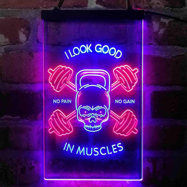 ADVPRO No Pain No Gain I Look Good in Muscles Weight Train Gym Fitness  Dual Color LED Neon Sign st6-i4093 - Red & Blue