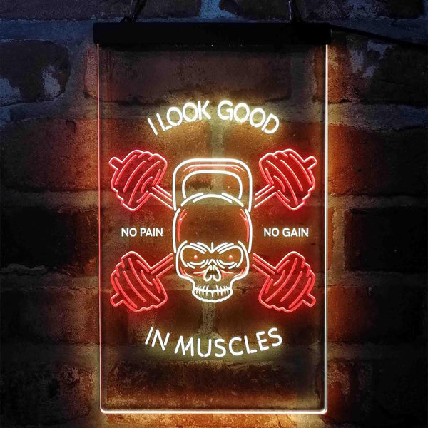 ADVPRO No Pain No Gain I Look Good in Muscles Weight Train Gym Fitness  Dual Color LED Neon Sign st6-i4093 - Red & Yellow