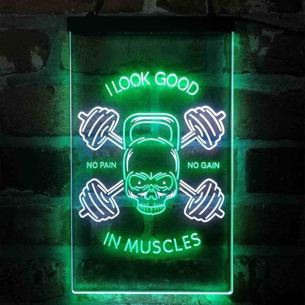 ADVPRO No Pain No Gain I Look Good in Muscles Weight Train Gym Fitness  Dual Color LED Neon Sign st6-i4093 - White & Green