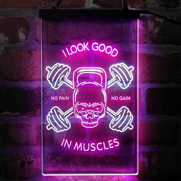 ADVPRO No Pain No Gain I Look Good in Muscles Weight Train Gym Fitness  Dual Color LED Neon Sign st6-i4093 - White & Purple