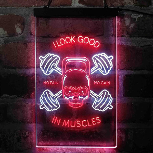 ADVPRO No Pain No Gain I Look Good in Muscles Weight Train Gym Fitness  Dual Color LED Neon Sign st6-i4093 - White & Red