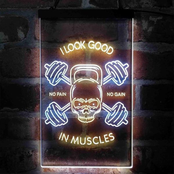 ADVPRO No Pain No Gain I Look Good in Muscles Weight Train Gym Fitness  Dual Color LED Neon Sign st6-i4093 - White & Yellow