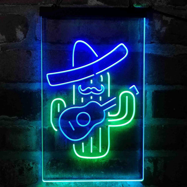 ADVPRO Cactus Wearing Sombrero Playing Guitar  Dual Color LED Neon Sign st6-i4148 - Green & Blue