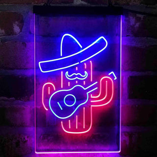 ADVPRO Cactus Wearing Sombrero Playing Guitar  Dual Color LED Neon Sign st6-i4148 - Red & Blue
