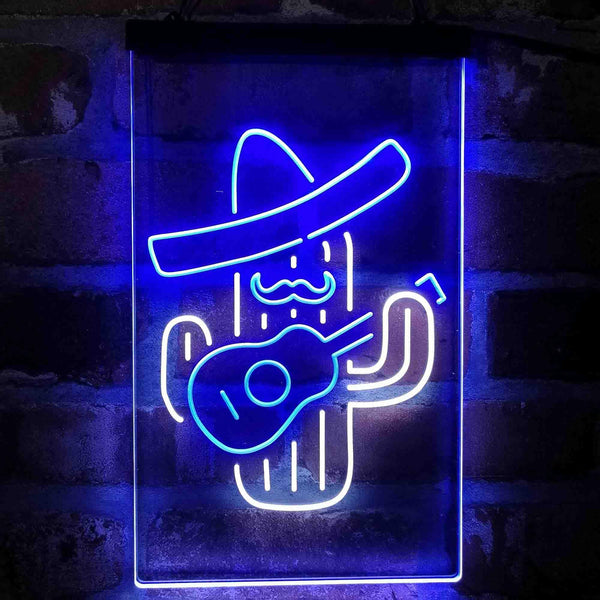ADVPRO Cactus Wearing Sombrero Playing Guitar  Dual Color LED Neon Sign st6-i4148 - White & Blue
