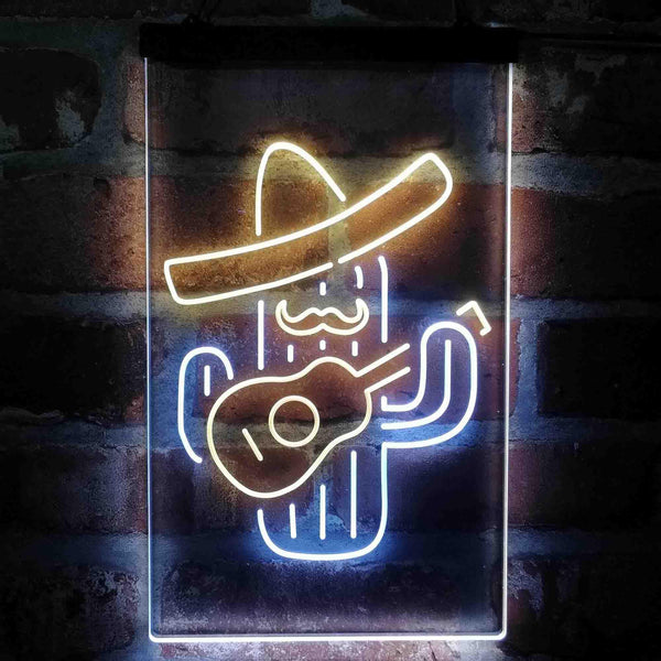 ADVPRO Cactus Wearing Sombrero Playing Guitar  Dual Color LED Neon Sign st6-i4148 - White & Yellow
