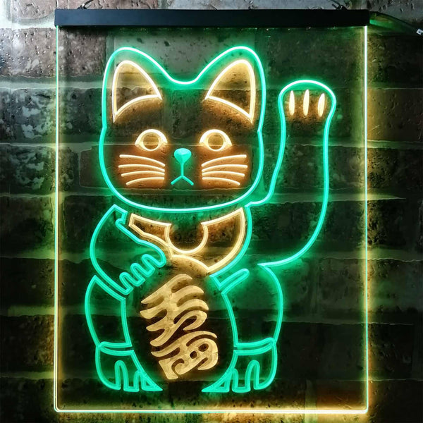 ADVPRO Maneki Neko Lucky Cat Welcome Japan  Dual Color LED Neon Sign st6-j0980 - Green & Yellow