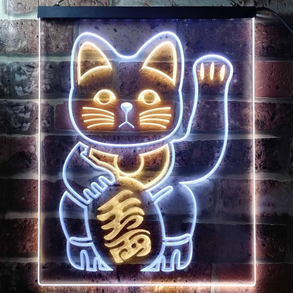 ADVPRO Maneki Neko Lucky Cat Welcome Japan  Dual Color LED Neon Sign st6-j0980 - White & Yellow