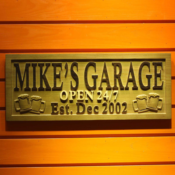 ADVPRO Name Personalized Garage Open 24/7 with Est. Date Man Cave Wood Engraved Wooden Sign wpa0205-tm - 18.25