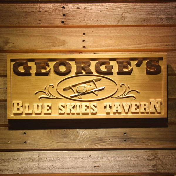 ADVPRO Name Personalized Blue Skies Tavern Vintage Airplane Man Cave Gifts Wood Engraved Wooden Sign wpa0271-tm - 18.25
