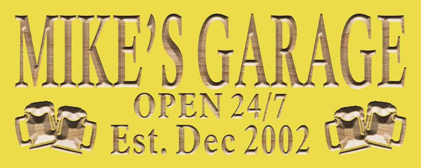 ADVPRO Name Personalized Garage Open 24/7 with Est. Date Man Cave Wood Engraved Wooden Sign wpc0205-tm - Yellow