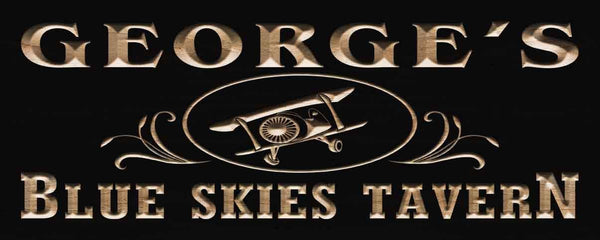 ADVPRO Name Personalized Blue Skies Tavern Vintage Airplane Man Cave Gifts Wood Engraved Wooden Sign wpc0271-tm - Black