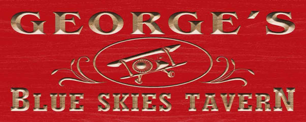 ADVPRO Name Personalized Blue Skies Tavern Vintage Airplane Man Cave Gifts Wood Engraved Wooden Sign wpc0271-tm - Red